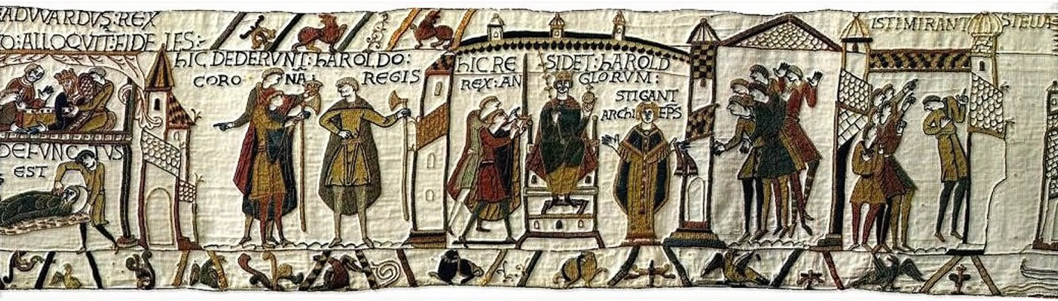 HIC DEDERUNT HAROLDO CORONAM REGIS. HIC RESIDET HOROLD REX ANGLORUM. STIGANT ARCHIEPISCOPUS. ISTI MIRANT STELLAM. : Here they gave the royal crown to Harold. Here enthroned is Harold, King of England. Archbishop Stigand. These people marvel at the star.