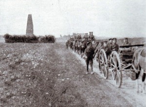 British transport passing the Malplaquet memorial to the south of Mons during the retreat