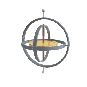 A gyroscope in operation with freedom in all three axes. The rotor will maintain its spin axis direction regardless of the orientation of the outer frame.