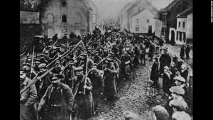 A defeated German army marches home on October 1, 1918.